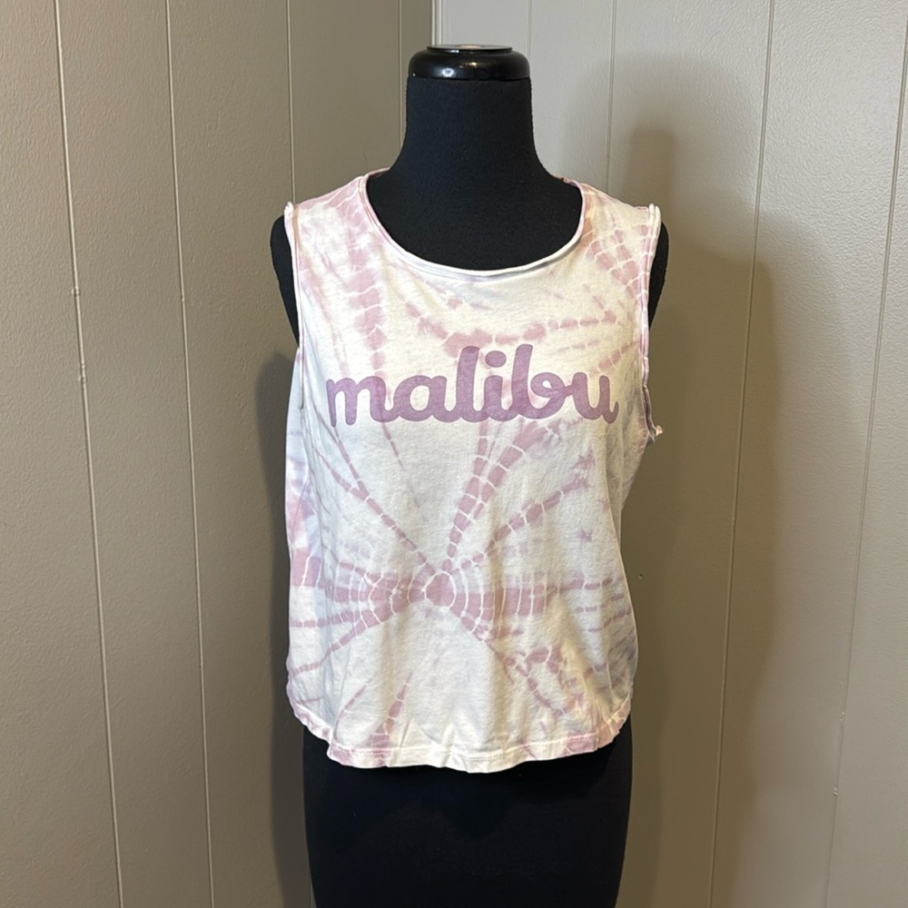 E Colsie Women’s Small Cropped "Malibu" Graphic Tank Top Purple Tie Dye